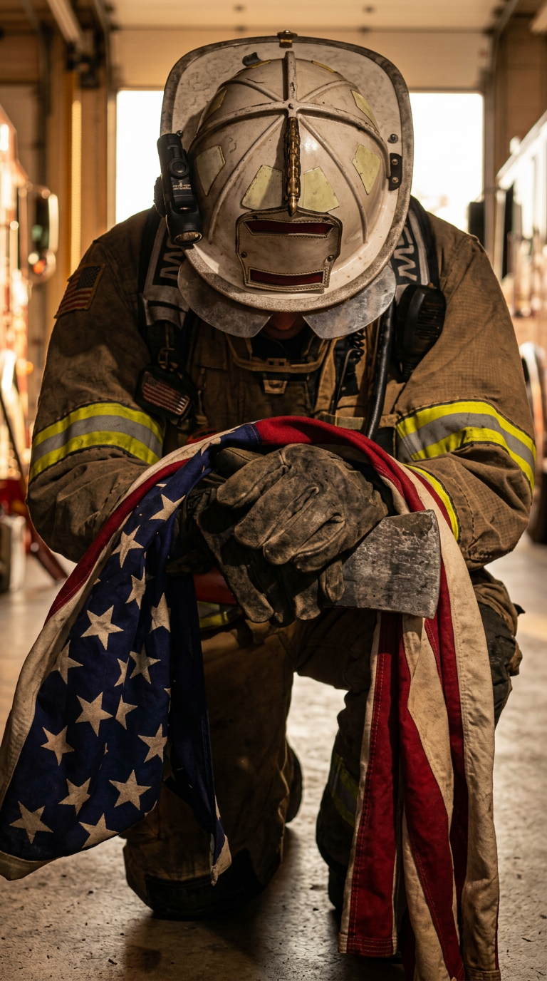 Firefighter kneeling in prayer